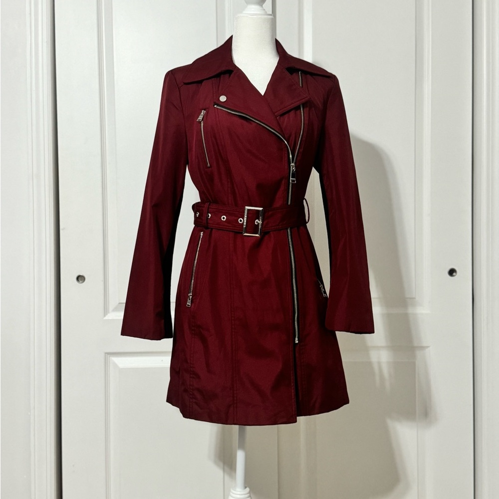 Calvin Klein Cherry Red Trench Coat with Belted Waist - Picture 2 of 10